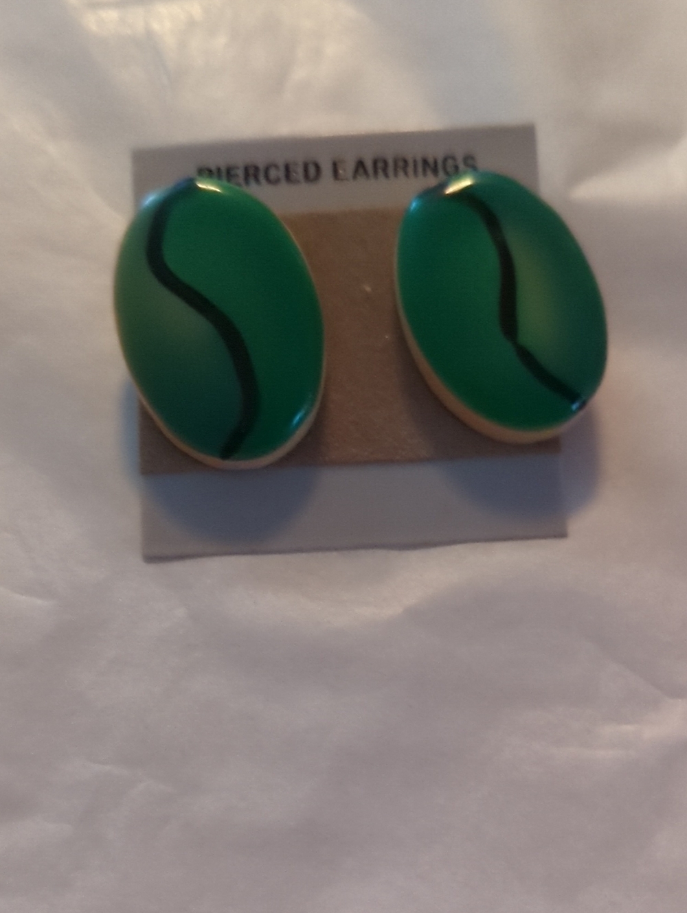 Green Oval Enamel Stud Earrings with Black Accents New. Pierced Sale